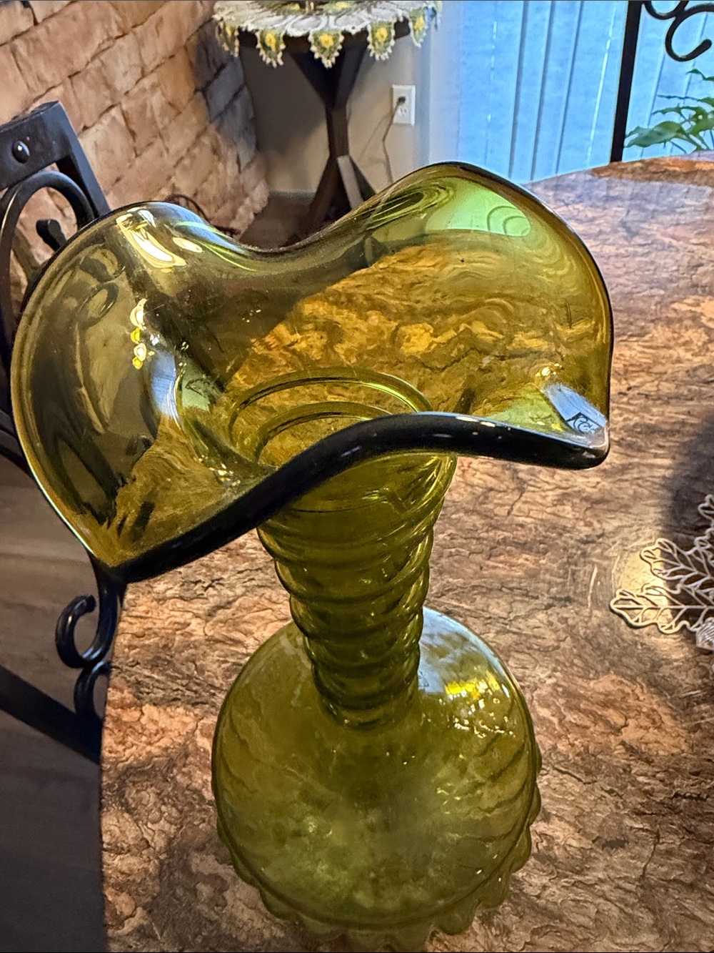 Handblown Olive Green Ruffled Glass Vase - Decorative Accent